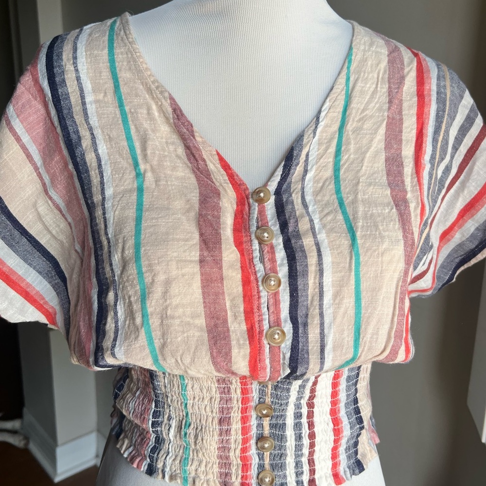 Derek Heart linen blend smocked peasant top